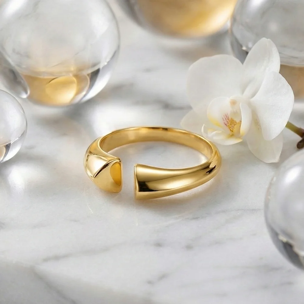 18k Gold Plated 316L SS Open Cuff Ring Adjustable Sculptural Gold Adj 7-9